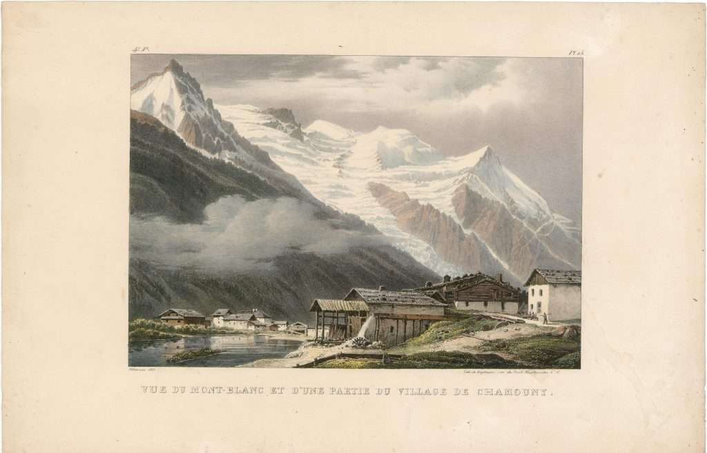 Vue du Mont Blanc et d'une part du village de Chamouny